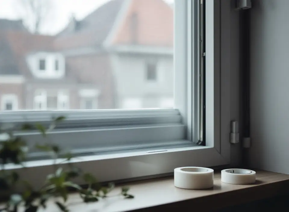 Een wit kozijn in een huurwoning met twee rollen tape in de vensterbank en een plantje op de voorgrond