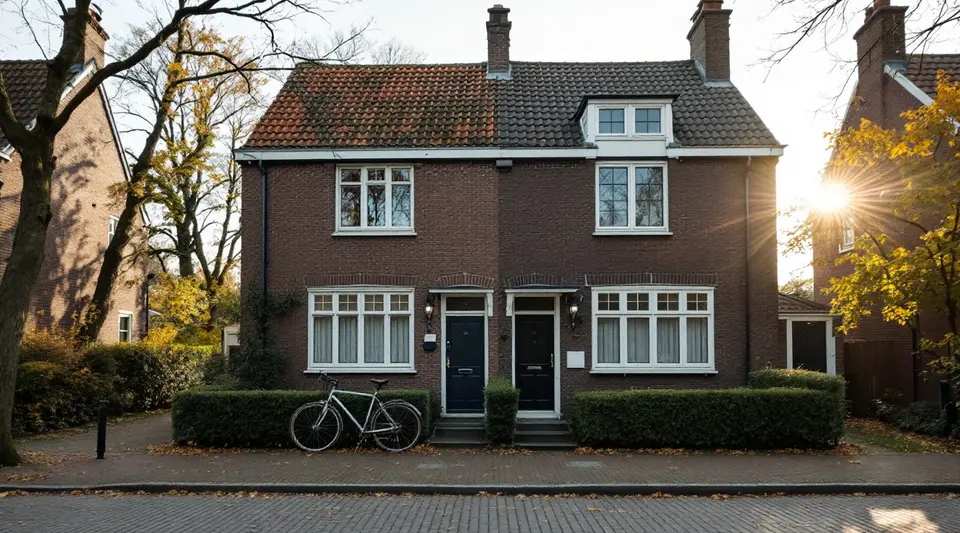 Twee bakstenen huizen uit de jaren dertig onder één kap met witte houten ramen, heggen en een fiets, in de herfstzon