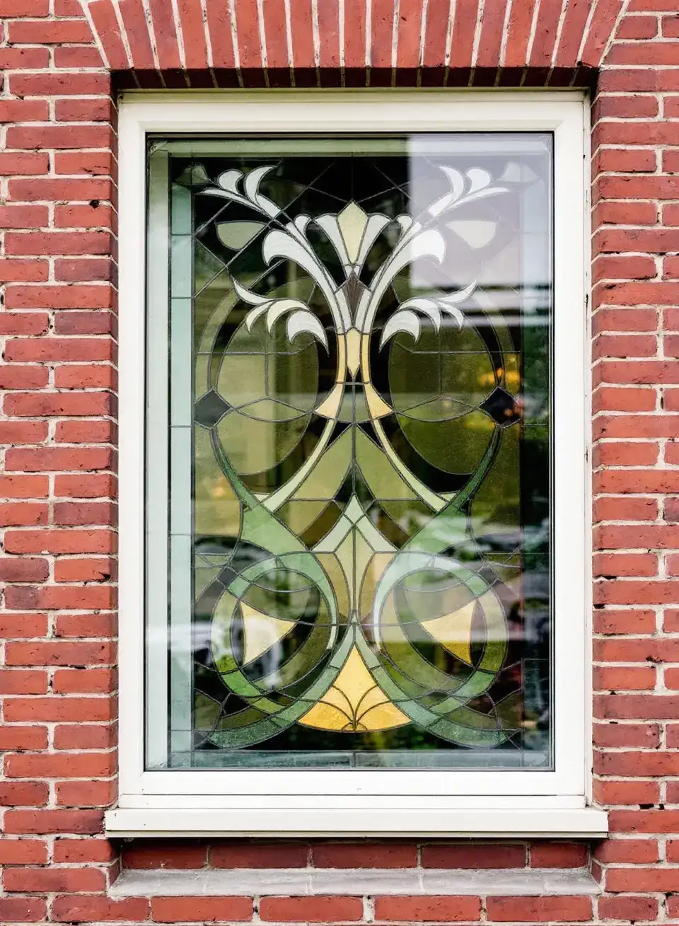 Een glas-in-loodraam met groen en amber jugendstilpatroon in een bakstenen trappenhuis, aan de buitenkant beschermd door een heldere glazen plaat