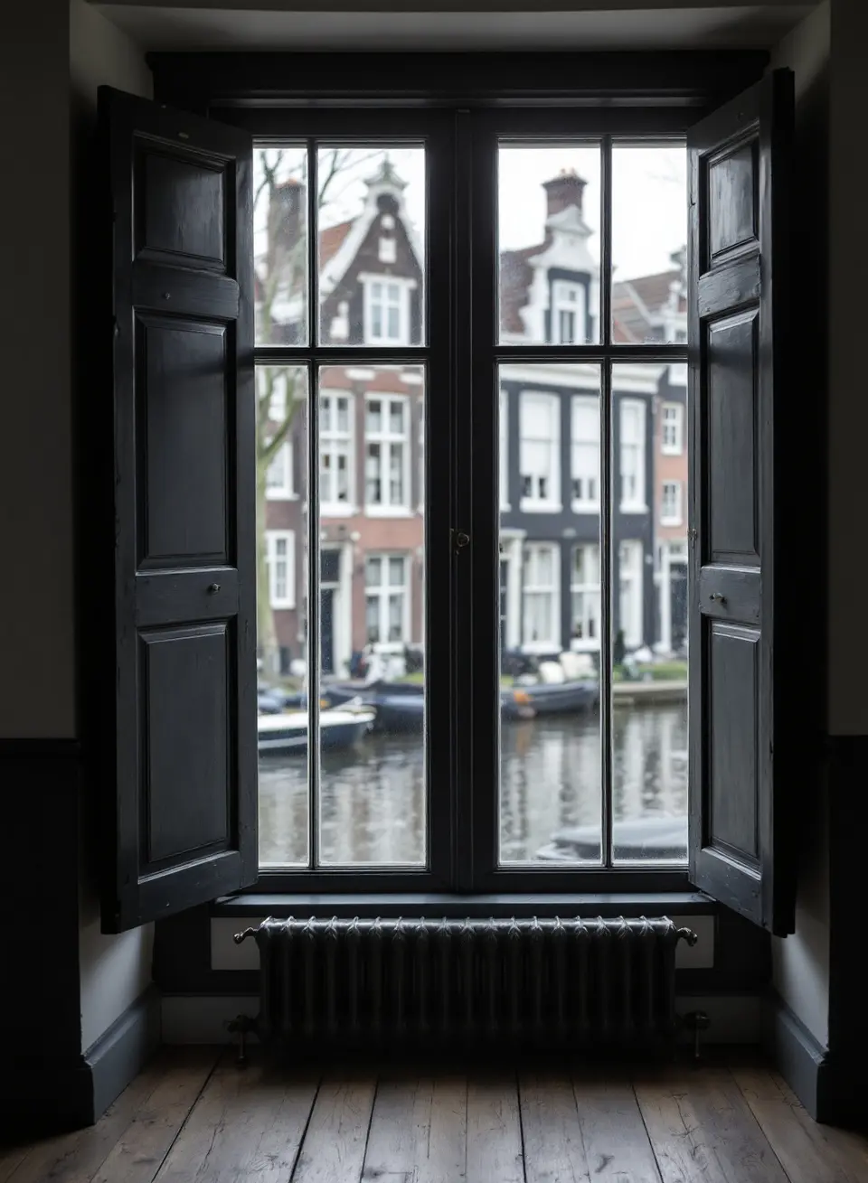 Een hoog raam met kleine ruiten in een grachtenhuis, met opengeklapte zwarte binnenluiken, een radiator eronder en uitzicht op de gracht