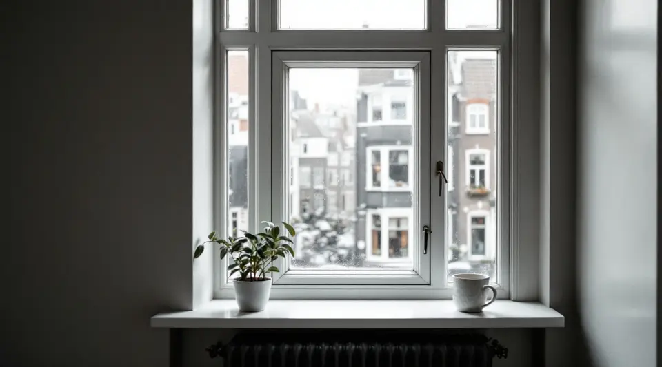 Een hoog wit raam met een draairaam in het midden, een plantje en een mok in de vensterbank, een radiator eronder en een besneeuwde straat buiten