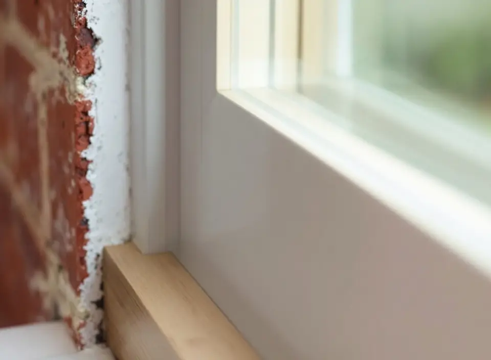 De onderkant van een wit kozijn met een helder tweede raam ervoor, een houten lijst op de vensterbank en een bakstenen muur ernaast
