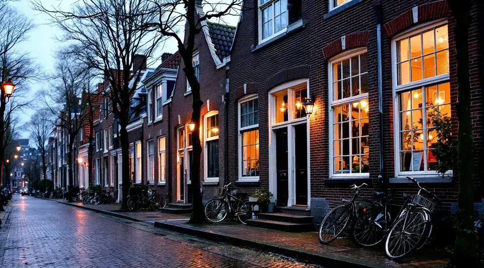 Een oude Nederlandse straat met bakstenen huizen en hoge witte ramen in de winterschemering, fietsen tegen de gevel, warm licht achter de ramen en natte klinkers